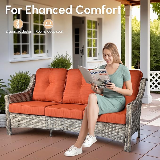 5 Pieces Patio Outdoor Furniture Set with Swivel Rocking Chairs,All Weather Wicker Rattan Patio Seating Sofa and Chair Set w/Glowing Table,Outdoor Conversation Sets for Deck Yard Garden,Orange Red