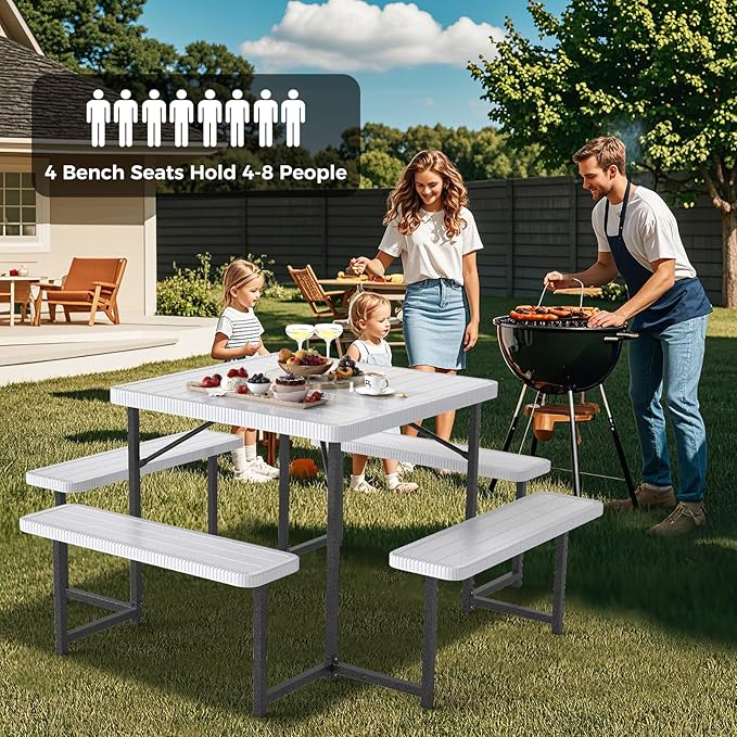 Giantex Picnic Table Bench Set for 4-8 People, 34" Outdoor Square Dining Table & 2 Benches w/Umbrella Hole, HDPE Tabletop, Metal Frame, Patio Camping Furniture for Backyard Porch Lawn (White,Square)