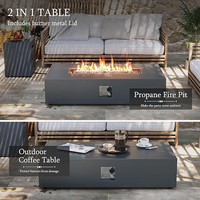 UPHA 56-inch Outdoor Propane Gas Fire Pit Table 50000 BTU Iron Rectangle Firepit for Outside Patio with Tank Hidden Table, Removable Lid, Blue Glass Rocks, Rain Cover, Dark Grey