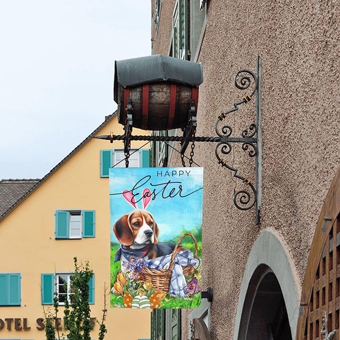 Beagle Dog Flower Happy Easter Bunny Cute Egg Garden Flag Welcome Party Outdoor Outside Decorations Picks Home House Garden Yard Decor 12x18 Inch