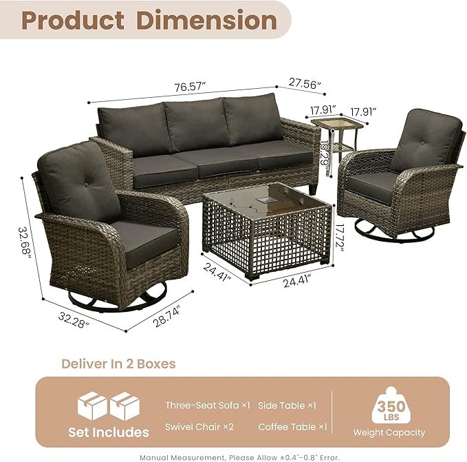 HOOOWOOO Outdoor Patio Furniture Set,5 Pieces Wicker Conversation Set,All Weather Couch Set with Swivel Chairs Solar Light Table 5 Seaters for Out Door Yard(Black)