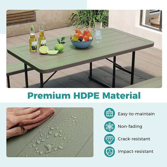 Giantex Picnic Table Bench Set for 4 People, 4.5FT Outdoor Rectangular Dining Table & 2 Benches w/Umbrella Hole, HDPE Tabletop, Metal Frame, Patio Garden Backyard Poolside (4.5FT,Non-Foldable,Green)