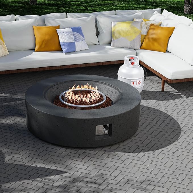 SUNBURY Outdoor Fire Pit, 42" Round Propane Gas Patio Fire Table 50,000 BTU Concrete Travertine Design, CSA Certified, Circular Base Firepit with Lava Rocks, Waterproof Cover (Grey)