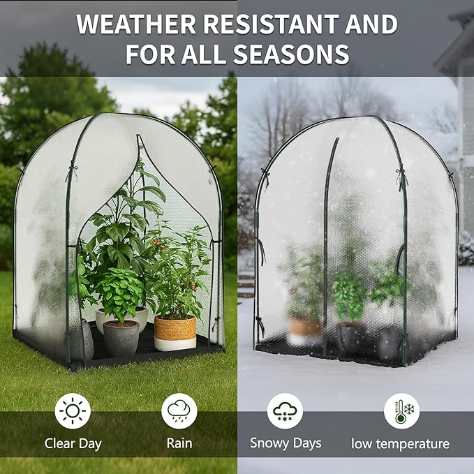 SUNYRISY Greenhouse for Outdoors with Waterproof Pad, Thick Bubble Film Cover Portable Small Mini Green House Kit for Outside, Walk in Zippered Door Grow Tent Plant Cover, 47" L x 47" W x 71" H