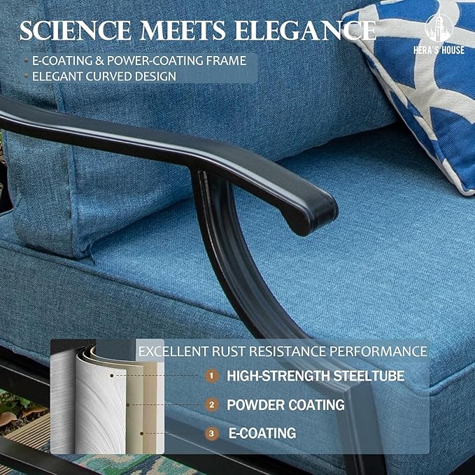 HERA'S HOUSE 6 Piece Patio Furniture Set, 2 x Rocking Chair, 2 x Fixed Chair, 1 x 3-Seat Sofa with Marbling Coffee Table, All Weather Outdoor Conversation Set for Lawn Garden Backyard, Navy Blue