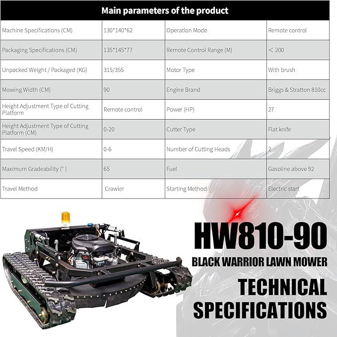 Robotic Remote Control Lawn Mower 90° Climbing Adjustable Mowing Height Track Drive All Terrain Grass Cutter Yard Mower(HW-810-90B)