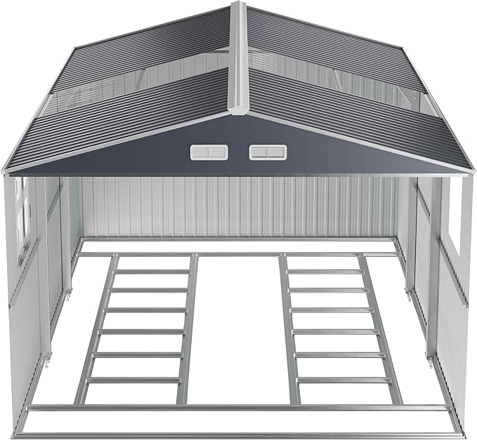 Metal Shed 10x16 FT with Floor Frame Kit, Big with Heavy-Duty Reinforced Steel Frame and Customizable Skylight, Lockable Doors, 4-Pane Windows, Large Outdoor Storage for Garden, Tools, and Utility
