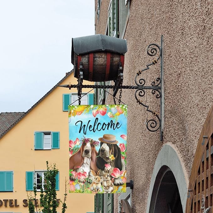 Happy Easter Basset Hound Dog Flowers Eggs Bunny Garden Flag Welcome Party Outdoor Outside Decorations Picks Home House Garden Yard Decor 12x18 Inch