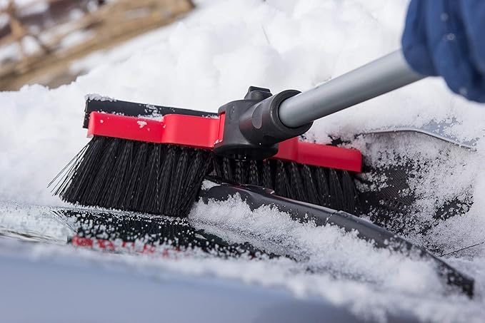 Mallory USA Mini Telescoping 35" Pivoting Dual Head Snow Broom with Squeegee, Integrated Ice Scraper (Red)