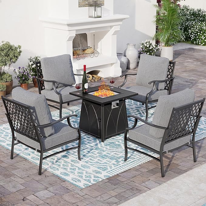 5 Piece Metal Outdoor Patio Furniture Set with Fire Pit Table, Patio Conversation Sets 4 Fixed Chairs with 5.75" Thick Cushion and 5000 BTU Fire Pit Table, Backyard Furniture, Gray