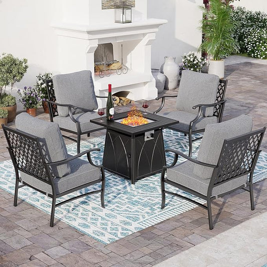 5 Piece Metal Outdoor Patio Furniture Set with Fire Pit Table, Patio Conversation Sets 4 Fixed Chairs with 5.75" Thick Cushion and 5000 BTU Fire Pit Table, Backyard Furniture, Gray