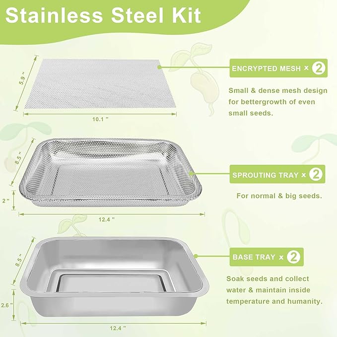 Stainless Steel Sprouts Growing Kit 2-Tier 12.4 inch Trays, Microgreens Growing Kit, Seed Sprouting Tray with Encrypted Mesh Sprouts for Beans Alfalfa Broccoli Wheat Grass