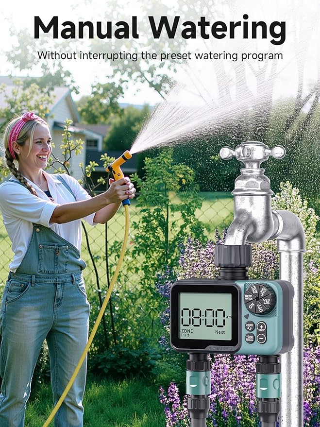 Sprinkler Timer 2 Zone, Programmable Water Timer for Garden Hose with Rain Delay, Manual and Automatic Irrigation Controller System, Waterproof Water Hose Timers for Yard, Lawn, Pool