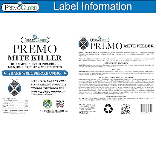 Premo Guard Mite Treatment Spray – 32 oz – Kills Dust, Scabies, Spider, Carpet, Bird, Mouse & Rat Mites in Home, on Furniture, Bedding – Natural Non-Toxic 100% Effective – Child & Pet Safe
