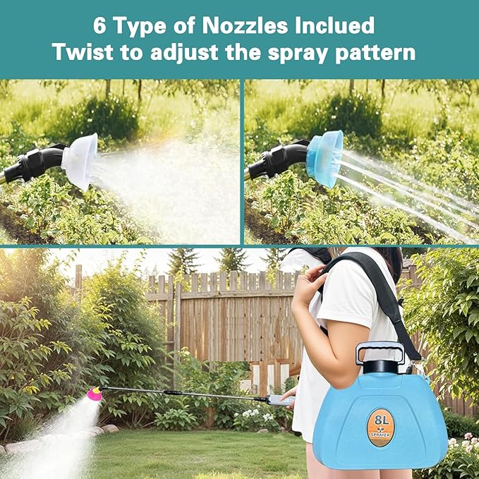2025 New 7.4V Powerful Electric Sprayer with Waterproof Handle, USB Charging, 6 Spray Heads, 2.1 gallons, Adjustable Rod and Shoulder Strap, Suitable for Gardens, lawns, etc., Lasts About 3 Hours