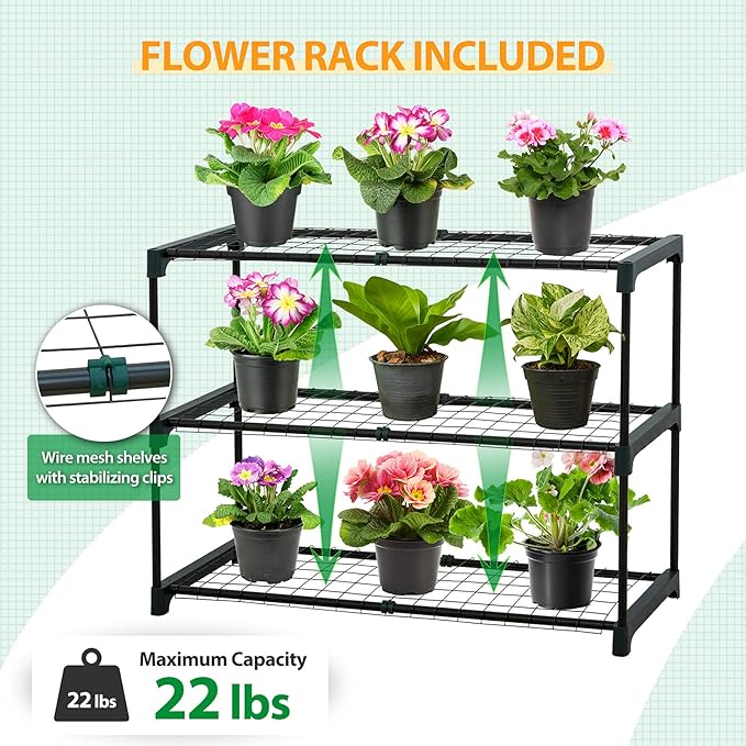 EAGLE PEAK 3 Tier Lean to Portable Greenhouse, Heavy-Duty Indoor & Outdoor Garden with Wire Shelves, 2 Roll-Up Zipper Doors, Easy Assembly, 79"x39"x83" Clear/Green PE Cover