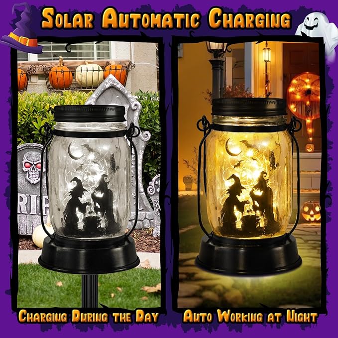 Halloween Decorations Gifts for Women/Men Halloween Witch Solar Lanterns Witch Decorations Outdoor Lights Solar Garden for Yard, Patio,Backyard,Porch Torches Light