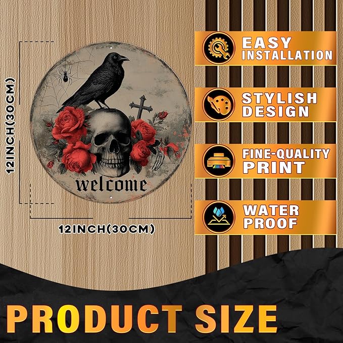 PEACHGARDEN Halloween Skull Crow Metal Tin Sign Vintage Gothic Skeleton Decor Spooky Welcome Door Plaque Retro Wall Art Iron Painting for Home Bar Pub 12x12inch