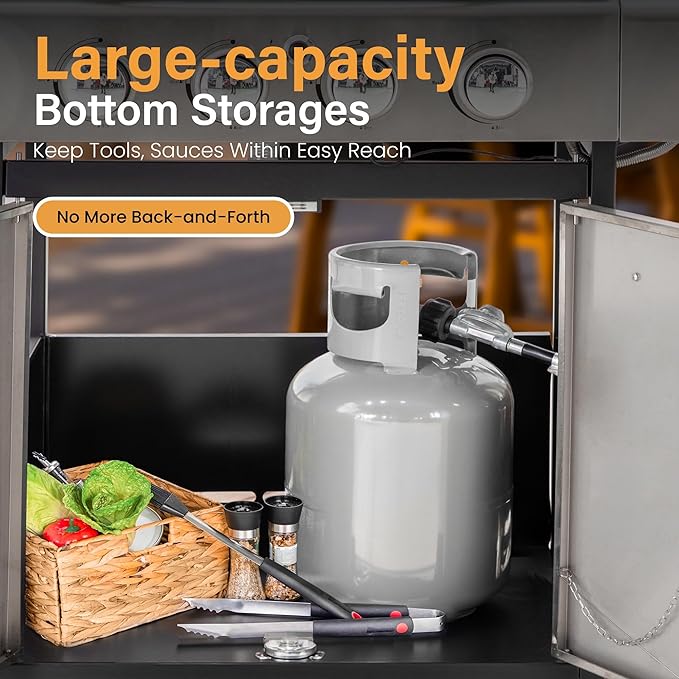 Sophia & William 4-Burner Propane Gas BBQ Grill with Side Burner and Porcelain-Enameled Cast Iron Grates, Stainless Steel Barbecue Grills Outdoor Cooking, Silver Cabinet Style, 42,000BTU