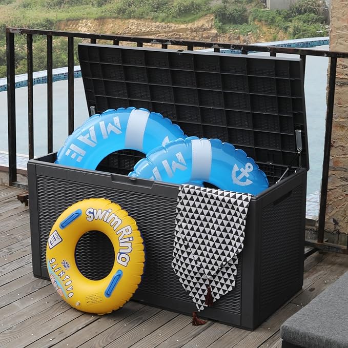 Modern-Depo 100 Gallon Deck Box Waterproof Outdoor Storage Bench Polypropylene PP Garden Tools Pool Towel Storage Bin Porch Delivery Box, Black