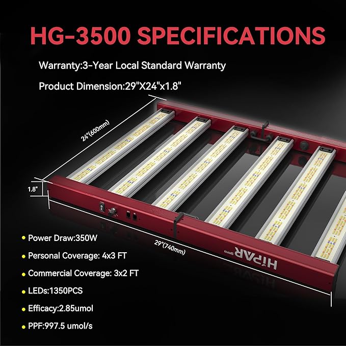 HIPAR HG-3500 LED Grow Light 350 watt Grow Light Foldable 6 Bars More Even PPFD & 0-10V Control & 100 Sets Daisy Chain in3x3 GrowTent