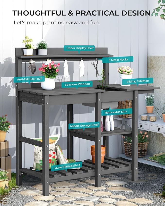 SERWALL Potting Bench Outdoor Potting Table with Sink, HDPE Potting Benches for Outside Gardening Table All Weather Use- Gray