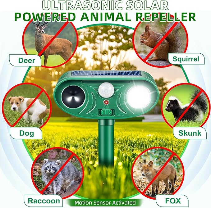 Solar Ultrasonic Animal Repeller Cat Deterrent Outdoor Squirrel Rabbit Dog Skunk Raccoon Coyote Fox Deer Predator Deterrents Repellent Device with Light (2)