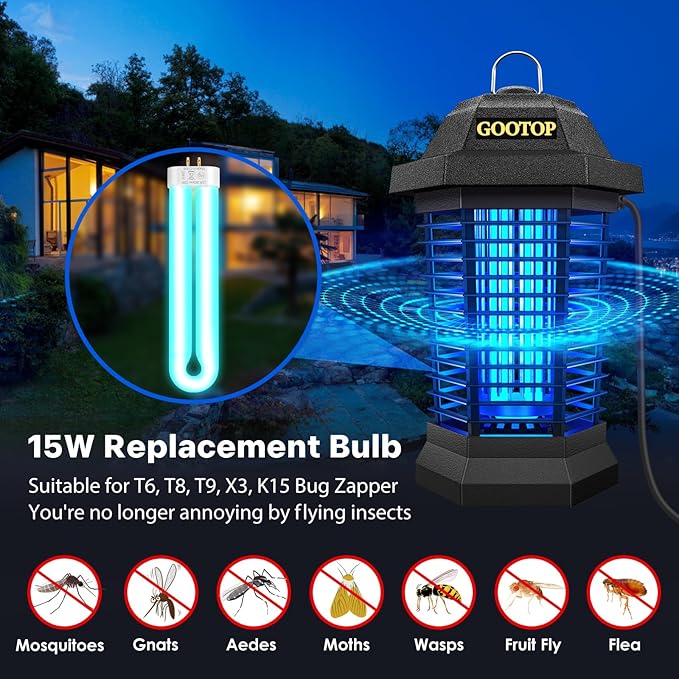 GOOTOP Replacement Bulb for Zap T6 Pro, K15, T9,X3 Bug Zapper, 15W, 4-Pin Base, U-Tube Bulb Twin Tube Bulb