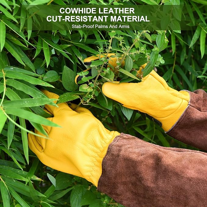 Long Gardening Gloves for Women Thorn Proof,Rose Pruning Cowhide Leather Garden Gloves for Cactus, Rose and Blackberry