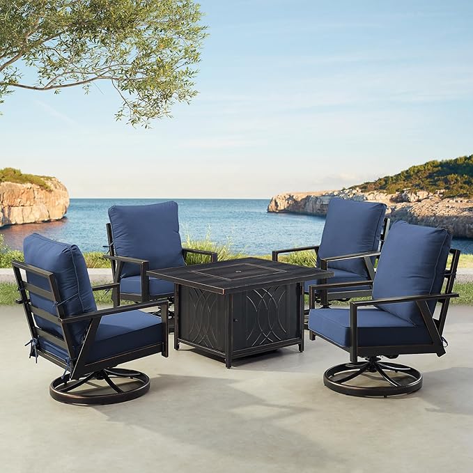 Oakland Living Black Aluminum Patio Fire Table Set with Four Club Chairs with Blue Cushions