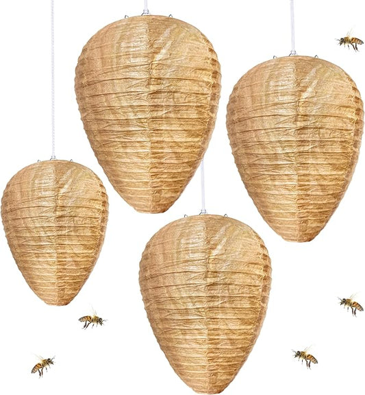 4 Pack Paper Fake Wasp Nest Decoy Hanging, Fake Hornet Nest Decoy Carpenter Bee Deterrent, Wasps Trap Wasp Deterrent Outdoor Yellow Jacket Carpenter Bee Traps for Outsides Garden Patio