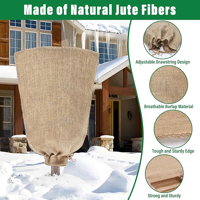 Riare 4 Packs 45 × 70 Inch Burlap Winter Plant Cover Bags with Drawstring- Reusable Large Burlap Sack Plant Frost Protector, Plant Frost Cloth Cold Tree Freeze Blanket for Outdoor Plants Fruit Shrubs