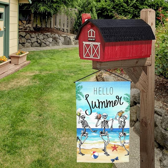 Hello Summer Skeleton Funny Skull Summer Coastal Hawaii Tropical Ocean Garden Flag Welcome Party Outdoor Outside Decorations Picks Home House Garden Yard Decor 12x18 Inch