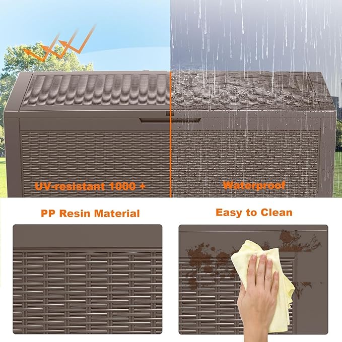 100 Gallon Deck Box,Resin Outdoor Storage Box with Lockable for Patio Furniture, Pool Accessories, Garden Tools Waterproof Outside Storage Box, Grey Pattern