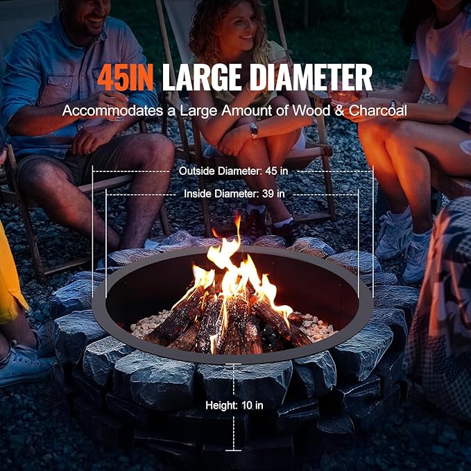 VEVOR Fire Pit Ring, 45-Inch Outer/39-Inch Inner Diameter, 10inch Height Fire Pit Insert, Heavy Duty Carbon Steel Liner DIY Campfire Ring Above or In-Ground, for Outdoor Camping, Bonfires