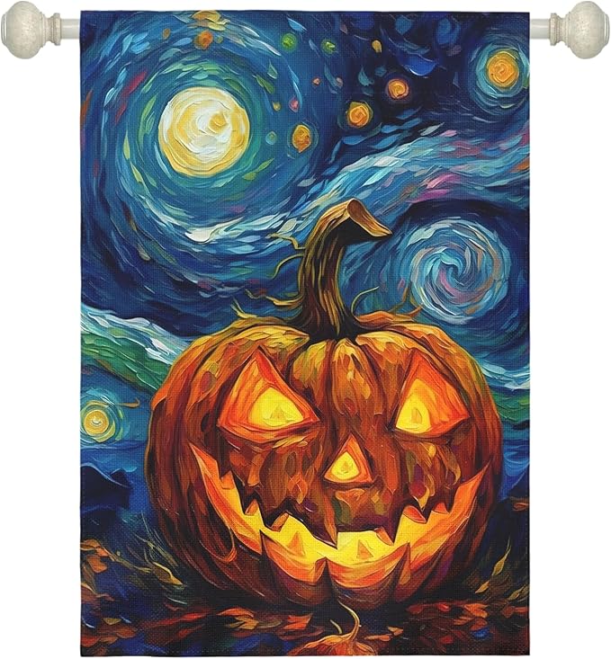 Halloween Garden Flag Pumpkin House Banner Van Gogh Garden Flags Arts Starry Night Sky Moon Yard Flags Double Sided Fall Porch Patio Farmhouse Outdoor Yard Window Decorative 28 x 40 Inch