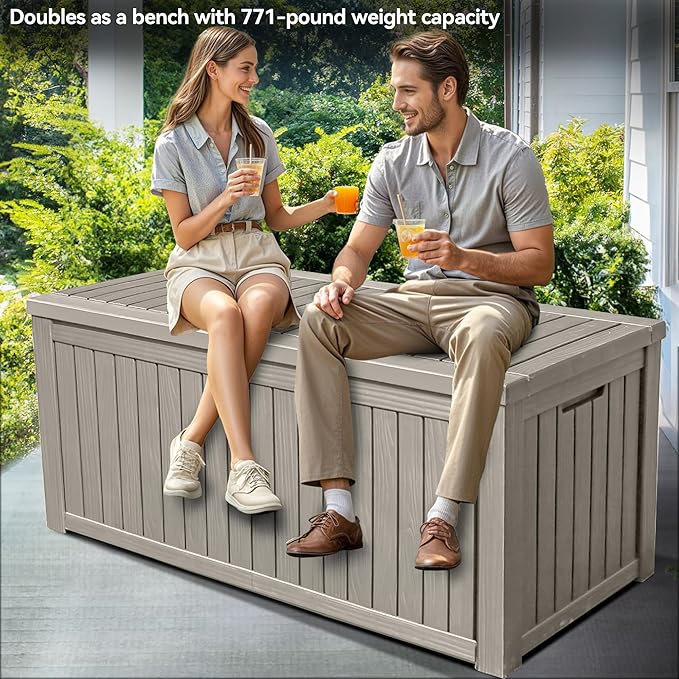 YITAHOME 150 Gallon Large Outdoor Storage XL Deck Box w/Divider for Patio Furniture,Outdoor Cushions, Garden Tools, Sports Equipment and Pool Supplies, Waterproof, Resin, Lockable, Taupe