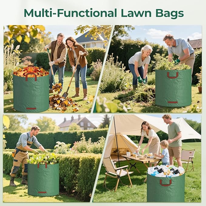 EsLuker.ly 6 Pack Garden Lawn Leaf Waste Bags, 71 Gallons Reusable Yard Litter Bag with 2 Pairs Gardening Gloves, Heavy Duty Trash Containers with Handles for Outdoor Cleanup, Ideal for Homeowners