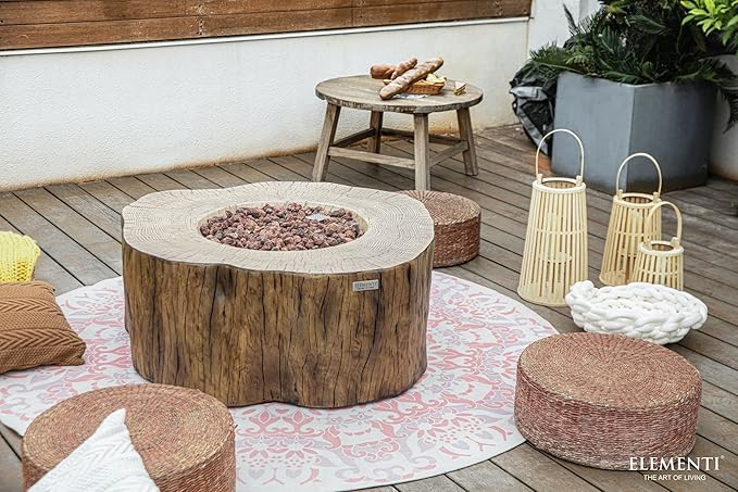 Elementi | Manchester Gas Fire Pit Cast Concrete Semi-Round Fire Table, Outdoor Fire Pit Electronic Ignition | Canvas Cover, Lava Rock Included | Red Wood (Propane Gas)