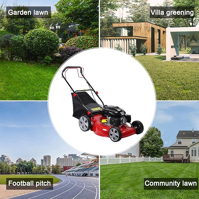 20-Inch Self Propelled Gas Lawn Mower with 141CC 4-Cycle Engine | 7-Position Height Adjustment (9.85-29.55 inches) Push Lawn Mower with 50L Grass Tank, Big Wheels ﻿ Red