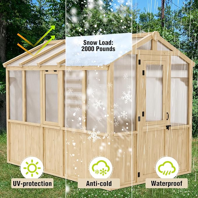 EAGLE PEAK 6.7x9.7x7.7 ft Wood and Polycarbonate Walk-in Greenhouse, Cedar Hobby Green House with 2 Roof Vents, Natural