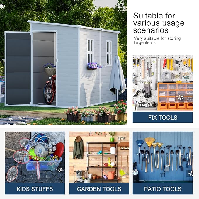 8x4 FT Resin Storage Shed with Floor Window for Outdoor Garden Waterproof Plastic Sheds Kit for Backyard Tool Storage, Gray