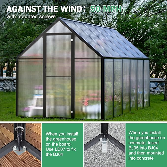 Polycarbonate Greenhouse Kit,12x6x6 FT Outsides Aluminum Frame Heavy Duty Green House with Transparent Panels Windows Door for Backyard Garden, Outdoor Walk in Plant Greenhouses,Black Frame