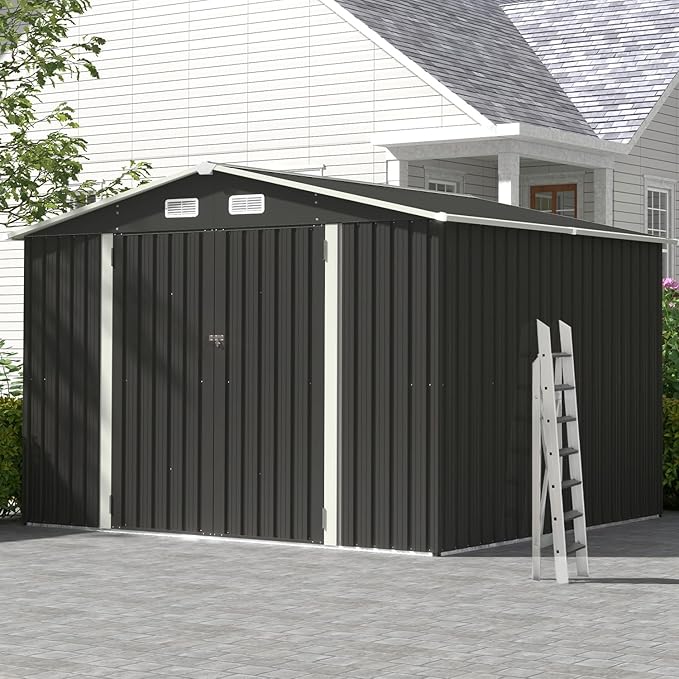 Aoxun 10 x 8FT Outdoor Storage Shed with Double Hinged Large Door Utility Garden Shed with Lockable Door & Sloped Roof Metal Sheds Outdoor Storage for Garden, Backyard, Patio and Backyard, Black