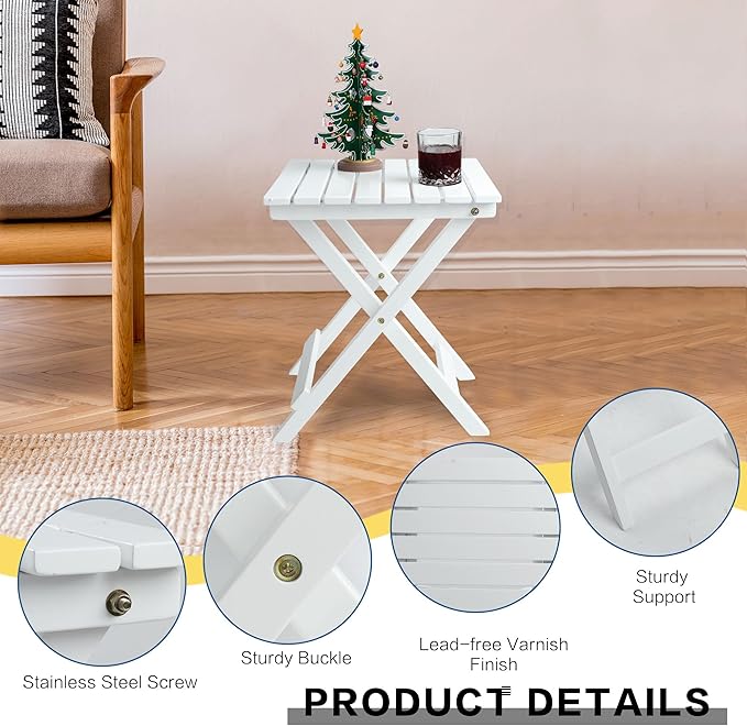 Outdoor Patio Side Table Set of 2 Small Wood End Square Table Folding Coffee Furniture for Living Room, Bedroom, Plant Stand, Camping Portable White