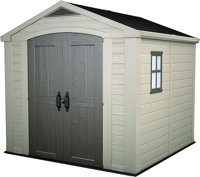 Keter Factor 8x8 Foot Large Resin Outdoor Shed with Floor for Patio Furniture, Lawn Mower, and Bike Storage, Taupe & Brown