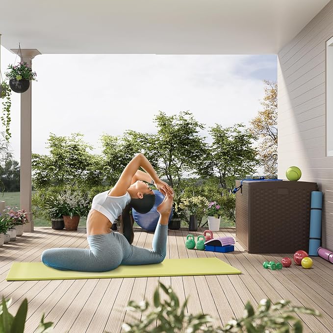 73-gallon outdoor waterproof storage box Lockable outdoor storage box Resin box for parcel delivery Suitable for storing balcony furniture, garden tools, toys - Brown wood grain finish