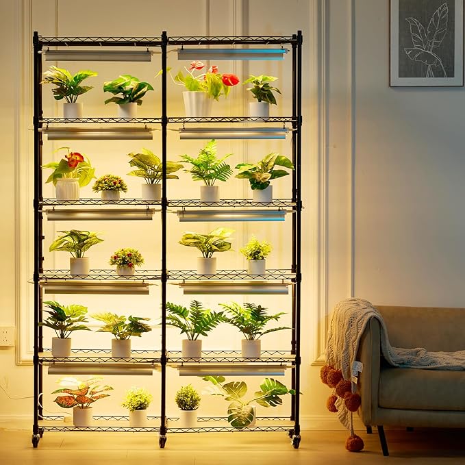 VEVOR Plant Stand with Grow Light, 6-Tier Large Tall Plant Shelf with 3000K 200W Full Spectrum Grow Light, Indoor Grow Light Shelf with Timer and Wheel for Seed Starting 47.2" L x 13.8" W x 70.8" H