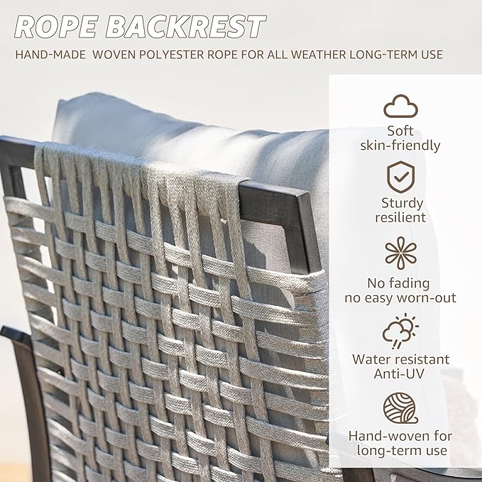 NATURAL EXPRESSIONS Patio Furniture 4 Piece Set,Outdoor Conversation Set Metal Patio Sectional Sofa with High Back Hand-Woven Rope Chairs by Hand Brushed Wood Grain Finish, 6" Cushion for Yard,Garden