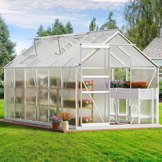 YITAHOME 12x6FT Polycarbonate Greenhouse Large Heavy Duty Green Houses Outdoor Aluminum Greenhouses with Sliding Doors Vent Window Walk-in Greenhouse for Garden Backyard, Silver